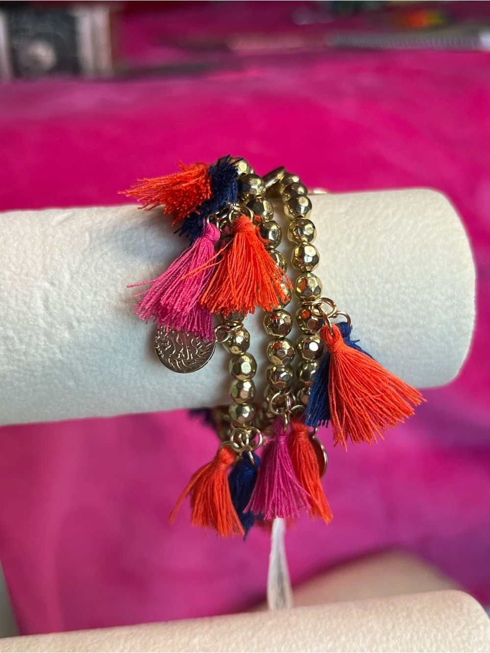 Gold Beaded Bracelet Set with Pink, Orange, & Navy Tassels